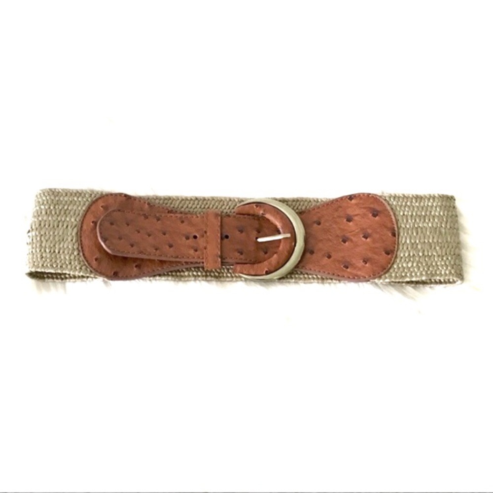Boho straw brown polka dot leather gold plate belt
